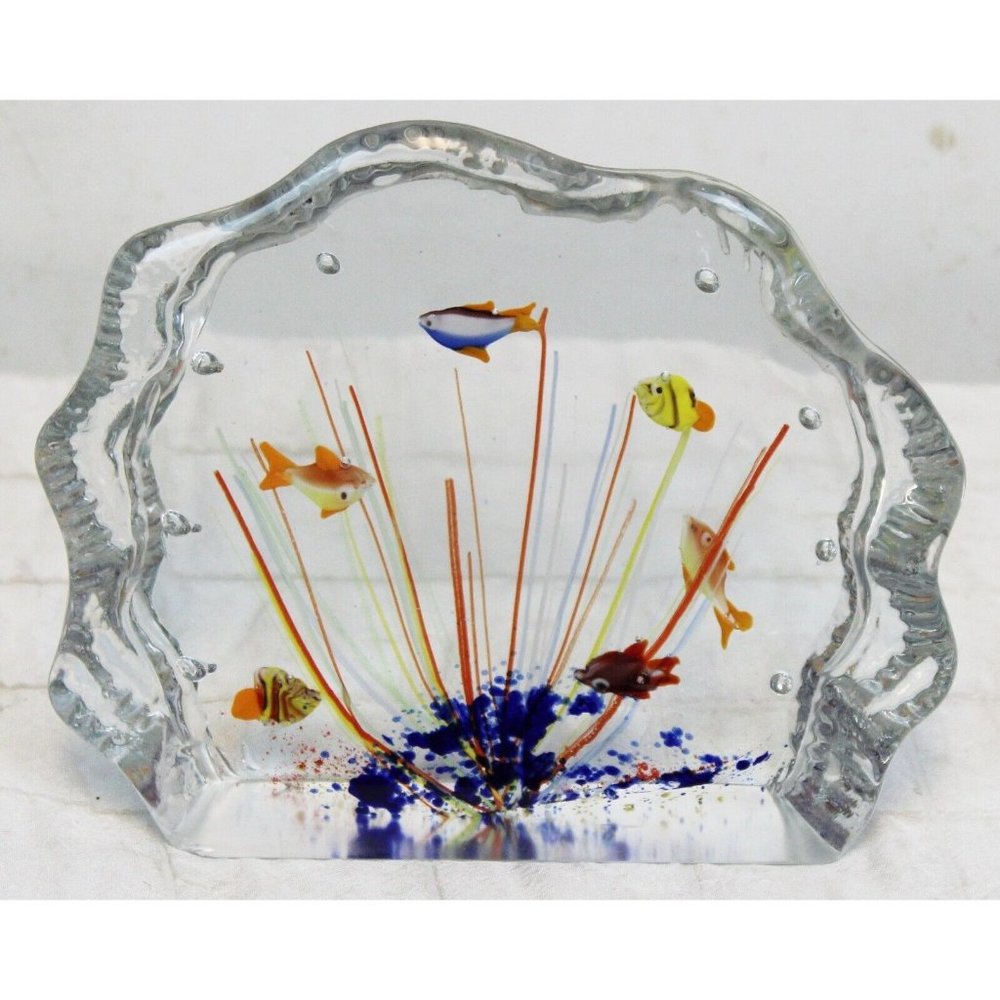 Murano Glass Italian Paperweight Half-Moon Aquarium 6 Fish Tank Bowl Clear Art